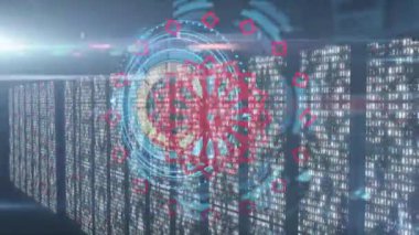 Kapsam taraması animasyonu, bilgisayar sunucularında veri işleme. küresel veri işleme ve hesaplama kavramı dijital olarak oluşturulmuş video.