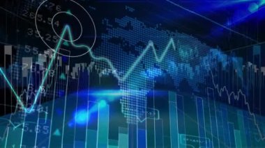 İstatistikler ve finansal veri işleme ile dünya haritasının animasyonu. küresel finans, iş ve veri işleme kavramı dijital olarak oluşturulmuş video.