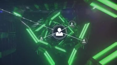 Neon geometrik şekiller üzerinden bağlantı ağının animasyonu. küresel bağlantılar, veri işleme ve dijital arayüz konsepti dijital olarak oluşturulmuş video.