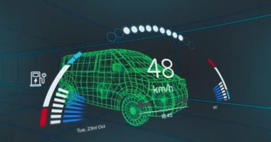 Donanma arka planındaki elektrikli minibüs projesinde hız göstergesi animasyonu. elektrikli arabalar, eko güç, sürdürülebilirlik ve teknoloji konsepti dijital olarak üretilen video.