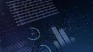 Yüksek voltaj hatları üzerinden finansal veri işleme animasyonu. küresel bağlantılar, veri işleme ve dijital arayüz konsepti dijital olarak oluşturulmuş video.