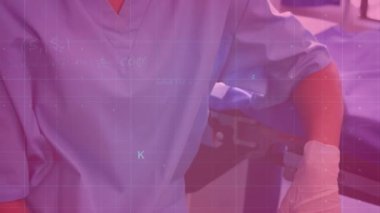 Animation of finacial data processing over female caucasian surgeon in operating theatre. global medicine, healthcare services during covid 19 pandemic concept digitally generated video.