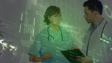 Data processing over caucasian male doctor and female health worker discussing together at hospital. Medical healthcare and technology concept