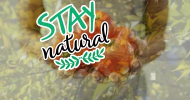 Afrika kökenli Amerikalı bir adamın elinde domates tutması üzerine doğal metnin animasyonu. Küresel ekoloji, organik ve dijital arayüz kavramı dijital olarak oluşturulmuş video.