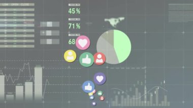 Sosyal medya simgeleri, istatistikler ve veri işleme animasyonları. küresel finans, iş ve veri işleme kavramı dijital olarak oluşturulmuş video.