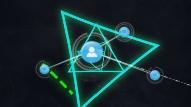 Mavi bağlantıların üzerindeki simgelerle bağlantı ağının animasyonu. küresel bağlantılar, veri işleme ve dijital arayüz konsepti dijital olarak oluşturulmuş video.