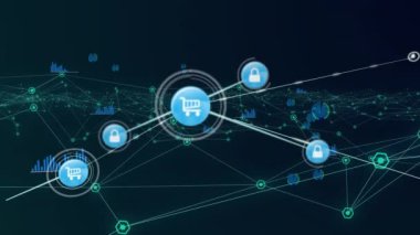 Mavi bağlantıların üzerindeki simgelerle bağlantı ağının animasyonu. küresel bağlantılar, veri işleme ve dijital arayüz konsepti dijital olarak oluşturulmuş video.