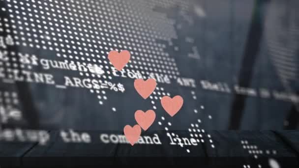 Dünya Haritası Veri Işleme Üzerinde Yüzen Kalplerin Animasyonu Küresel Finans — Stok video
