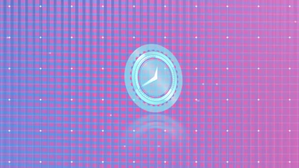 蓝色背景上时钟和斑点的动画 全球传输和数字接口概念数字生成视频 — 图库视频影像