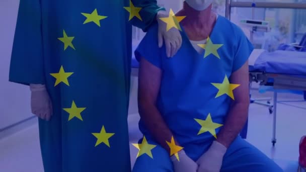 Animation Flag European Union Caucasian Female Male Surgeons Face Mask — ストック動画