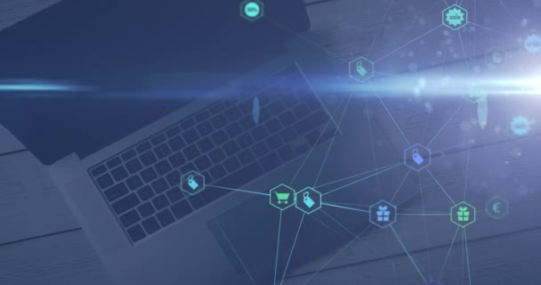 Trilha Luz Azul Rede Ícones Digitais Contra Laptop Mesa Madeira — Vídeo de Stock