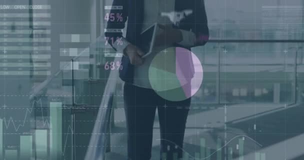用平板电脑在高加索女商人身上制作金融数据和图表 经济和技术概念数码视频 — 图库视频影像