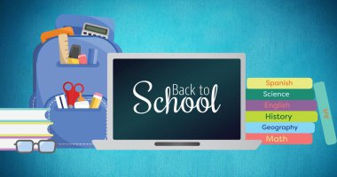 Kırtasiye malzemesi ve dizüstü bilgisayarlı sırt çantasının okul metniyle birlikte tasviri, çeşitli konu kitapları. 