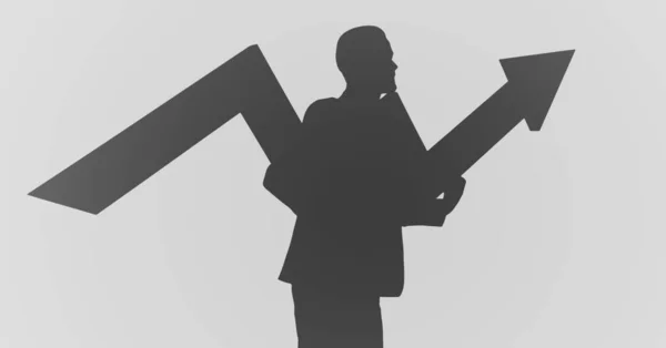 Silhouette Man Upward Arrow Copy Space Grey Background Business Concept — Stock Photo, Image