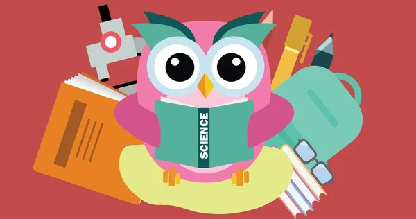 Illustration of owl with backpack, books, pen, pencil, eyeglasses, telescope reading science book. Red background, copy space, vector, bird, animal, school supplies, stationery, education, school.