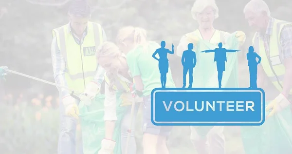 Voluntarios Multirraciales Recogiendo Basura Ilustración Personas Azules Con Texto Voluntario — Foto de Stock