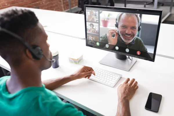 African American Businessman Discussing Colleagues While Video Conferencing Computer Unaltered — Stock Photo, Image