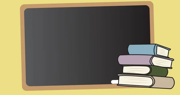 Illustrative image of writing slate with stack of books against yellow background, copy space. Knowledge, school supplies, stationery, education and school concept.