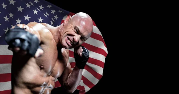 Boxeador Masculino Caucásico Contra Ondear Bandera Americana Con Espacio Copia — Foto de Stock