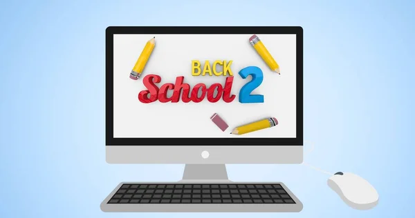 用铅笔 橡皮擦和背面的2个学校课本用鼠标和键盘演示监视器 蓝色背景 计算机 互联网 教育和学校概念 — 图库照片