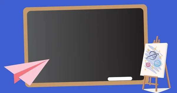 Illustrative image of writing slate, chalk, pink paper airplane and canvas with planets painting. Art, vector, blue background, copy space, education and school concept.