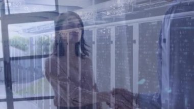 Animation of data processing over diverse business people shaking hands. global networking, business, finance, data processing and digital interface concept digitally generated video.