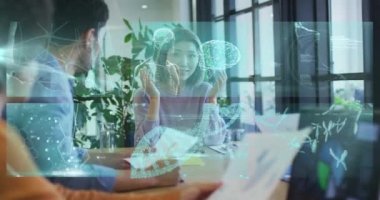 Animation of diverse business people talking over data processing. global business, finances, connections and digital interface concept digitally generated video.