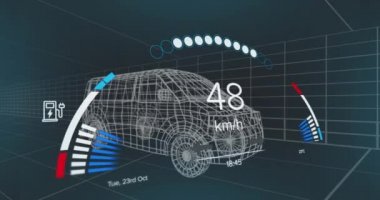Donanma arka planındaki elektrikli minibüs projesinde hız göstergesi animasyonu. elektrikli arabalar, eko güç, sürdürülebilirlik ve teknoloji konsepti dijital olarak üretilen video.