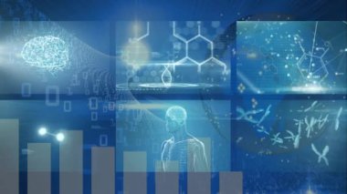 Mavi zemin üzerinde veri işleme ve küre animasyonu. küresel bağlantılar, bilim ve dijital arayüz konsepti dijital olarak oluşturulmuş video.