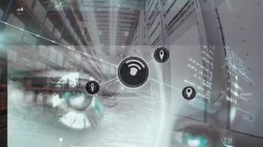 Deponun üzerindeki simgelerle bağlantı ağının animasyonu. küresel bağlantılar, veri işleme ve dijital arayüz konsepti dijital olarak oluşturulmuş video.