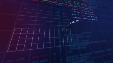 Karanlık arka planda finansal veri işleme animasyonu. küresel iş, finans, veri işleme ve dijital arayüz kavramı dijital olarak oluşturulmuş video.