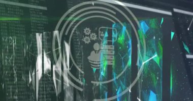 Parlayan ekran işleme verileri üzerinde bulut, veri transferi ve iş ağı simgelerinin animasyonu. Bulut hesaplama, küresel iletişim ve dijital arayüz konsepti dijital olarak oluşturulmuş video.