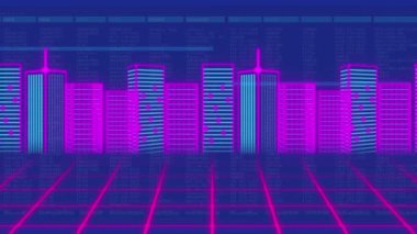 Şehrin mavi arka planında veri işleme animasyonu. küresel bilim, dijital arayüz ve teknoloji konsepti dijital olarak oluşturulmuş video.