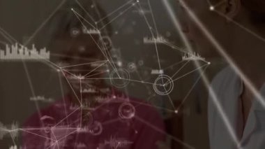 Animation of network of connections over caucasian female doctor and senior patient. Health, medicine, connections and technology concept digitally generated video.