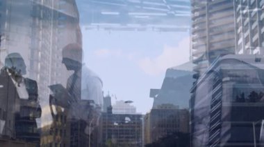 Animation of businesspeople in office over cityscape. Business, cooperation and technology concept digitally generated video.