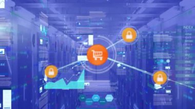 Sunucular üzerinden bağlantı, grafik ve veri işleme animasyonları. küresel ağ, bağlantılar ve teknoloji konsepti dijital olarak oluşturulmuş video.