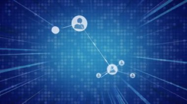 Mavi arkaplan üzerindeki simgelerle bağlantı ağının canlandırılması. küresel bağlantılar, veri işleme ve dijital arayüz konsepti dijital olarak oluşturulmuş video.