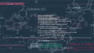 Karanlık arka planda bilimsel veri işleme animasyonu. küresel bilim, bağlantılar, veri işleme ve dijital arayüz kavramı dijital olarak oluşturulmuş video.