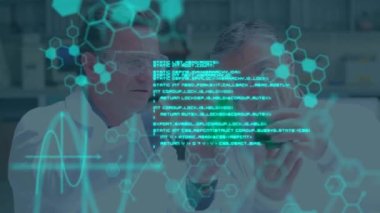 Animation of data processing and chemical formula over caucaisan male scientists in lab. global science, data processing and digital interface concept digitally generated video.