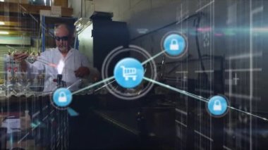 Kafkas erkek laboratuvar çalışanı üzerinden bağlantı ağının animasyonu. küresel ağ, bağlantılar, bilim ve teknoloji konsepti dijital olarak oluşturulmuş video.
