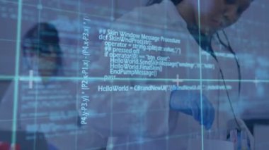 Animation of data processing over diverse scientists in lab. global science, medicine and digital interface concept digitally generated video.