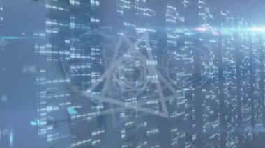 Veri işleme ve geometrik şekillerin erkek gözü üzerinde canlandırılması. küresel bilim, bağlantılar, veri işleme ve dijital arayüz kavramı dijital olarak oluşturulmuş video.