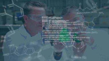 Animation of data processing and chemical formula over caucasian male scientists in lab. global science, data processing and digital interface concept digitally generated video.