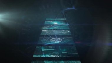 Siyah arkaplan üzerinde DNA ipliği ve veri işleme animasyonu. küresel bağlantılar, bilim ve dijital arayüz konsepti dijital olarak oluşturulmuş video.