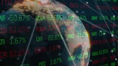 Siyah arka planda küresel ve finansal veri işleme animasyonları. küresel bağlantılar, finans, ekonomi ve teknoloji konsepti dijital olarak oluşturulmuş video.