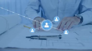 Ofisteki melez mimar üzerinden bağlantı ağının animasyonu. küresel bağlantılar, veri işleme ve dijital arayüz konsepti dijital olarak oluşturulmuş video.