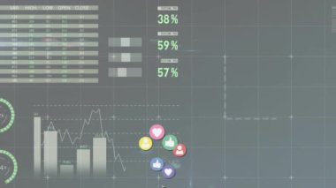 Sosyal medya simgeleri, istatistikler ve veri işleme animasyonları. küresel finans, iş ve veri işleme kavramı dijital olarak oluşturulmuş video.