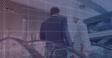 Animation of financial data and graphs over back view of diverse businesspeople on escalator. business, finance, economy and technology concept digitally generated video.