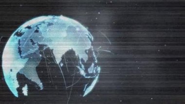 Karanlık arkaplan üzerinde bağlantı ve küre ağının animasyonu. küresel bilim, bağlantılar, veri işleme ve dijital arayüz kavramı dijital olarak oluşturulmuş video.