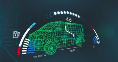 Donanma arka planındaki elektrikli minibüs projesinde hız göstergesi animasyonu. elektrikli arabalar, eko güç, sürdürülebilirlik ve teknoloji konsepti dijital olarak üretilen video.